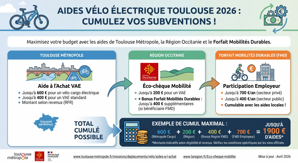 Tableau des aides achat vélo électrique Toulouse Métropole et Région Occitanie 2026.