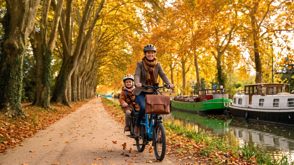 Mère de famille sur son vélo cargo longtail électrique transportant sa faille le long du canal à Toulouse
