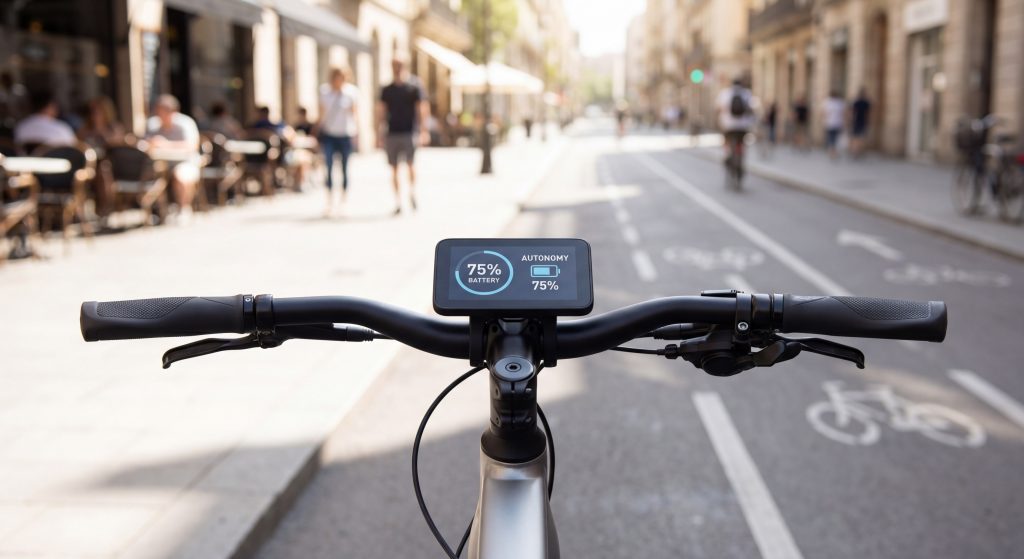 Focus sur le compteur d'un vélo électrique circulant dans le centre-ville de Toulouse, affichant l'autonomie de la batterie en 2026